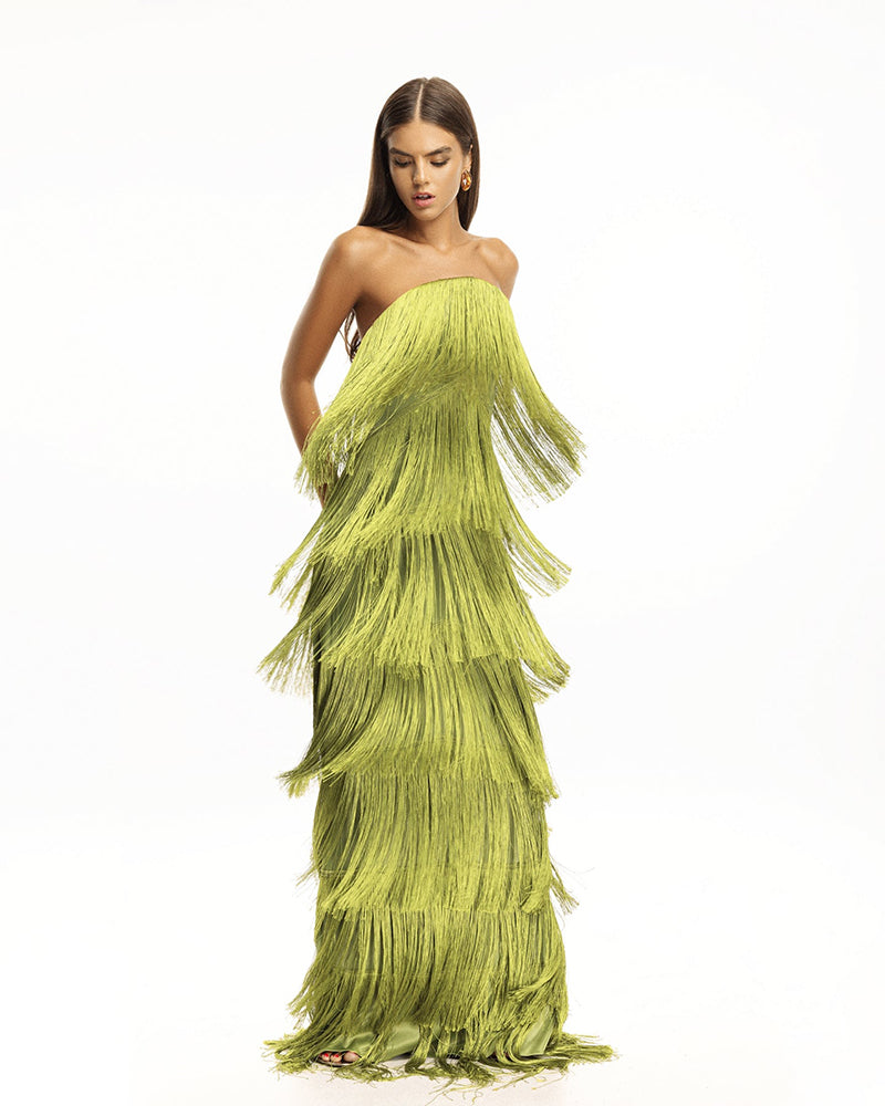 Valentina Green Strapless Multi-layered Fringe Dress