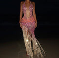 Halle Sequined Halter Dress with Tiered Fringe