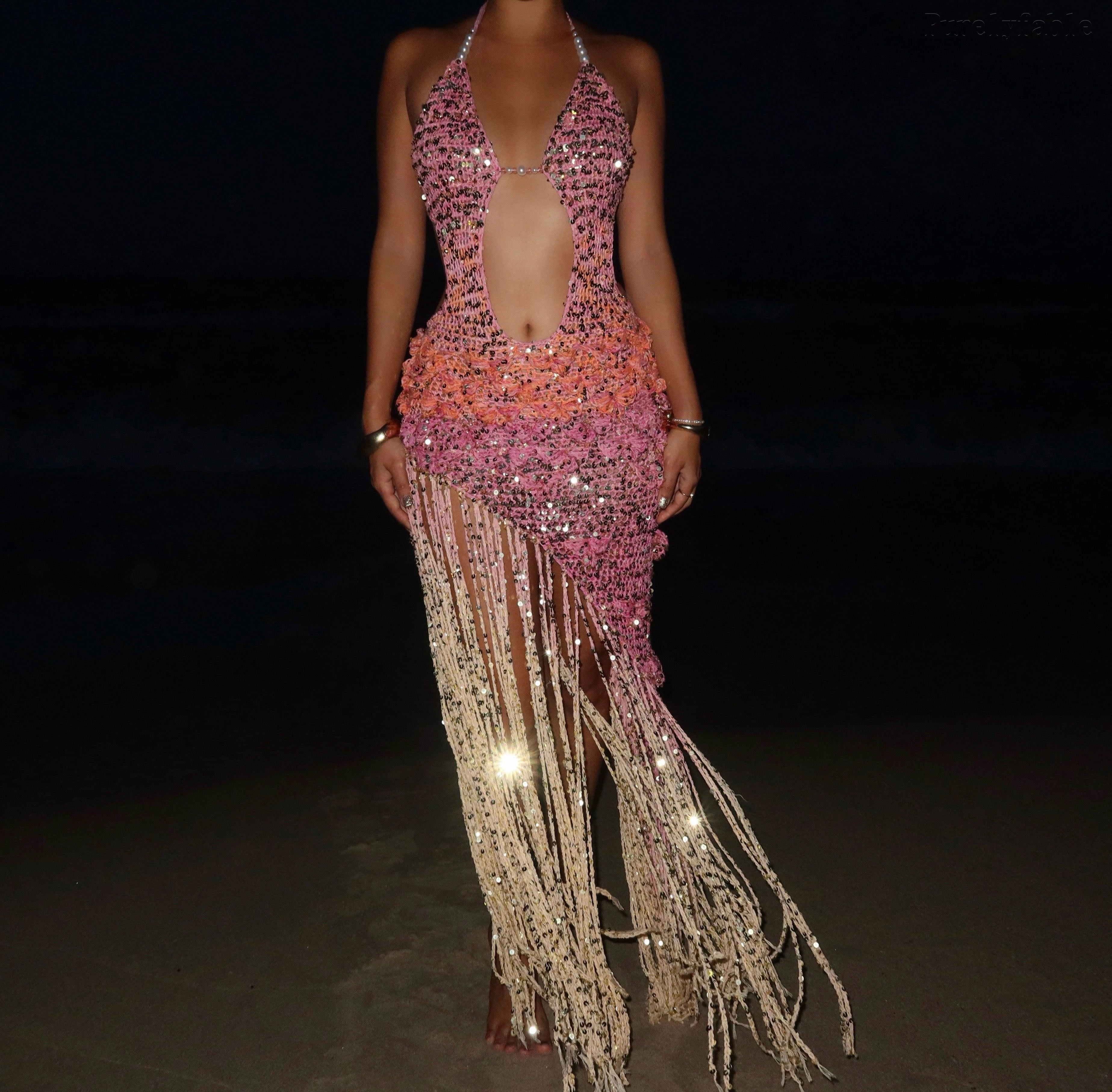 Halle Sequined Halter Dress with Tiered Fringe