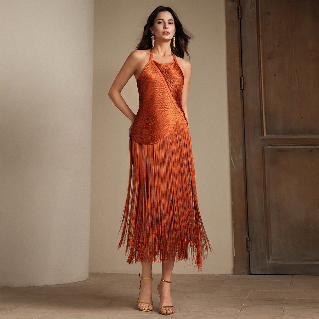 Calla Orange Halter-Neck Tassel Skirt