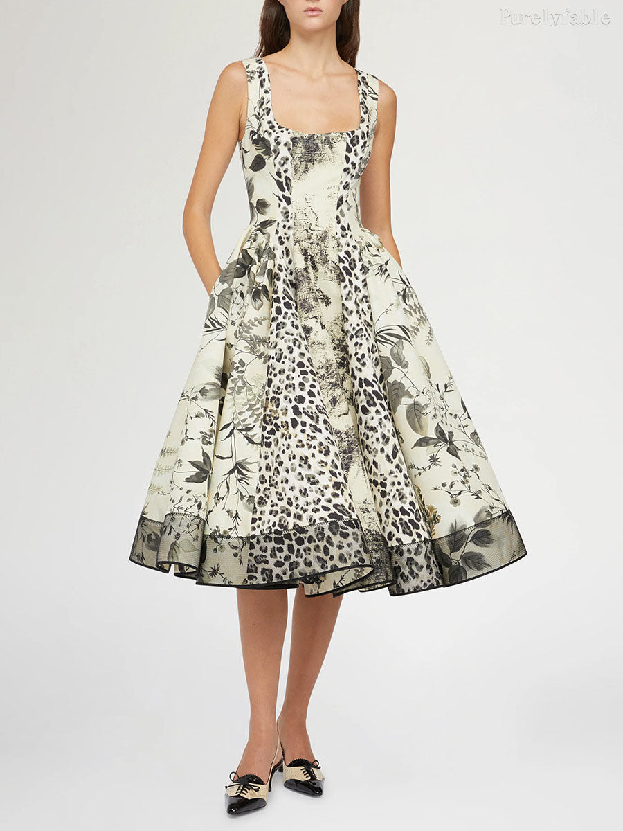 Olive-Print Belted Midi Dress