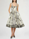 Olive-Print Belted Midi Dress