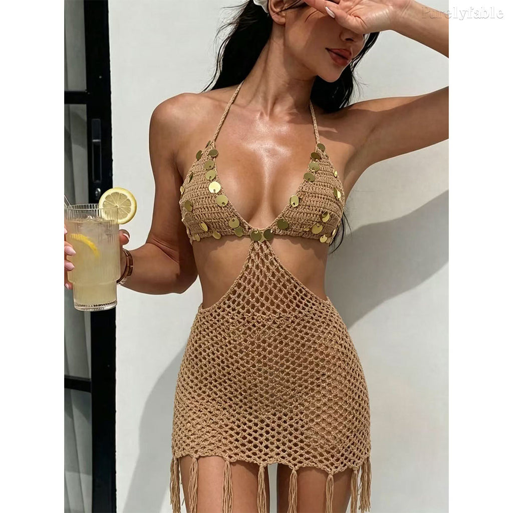 Esme Khaki-Colored Sexy Neck-Belted Beach Dress