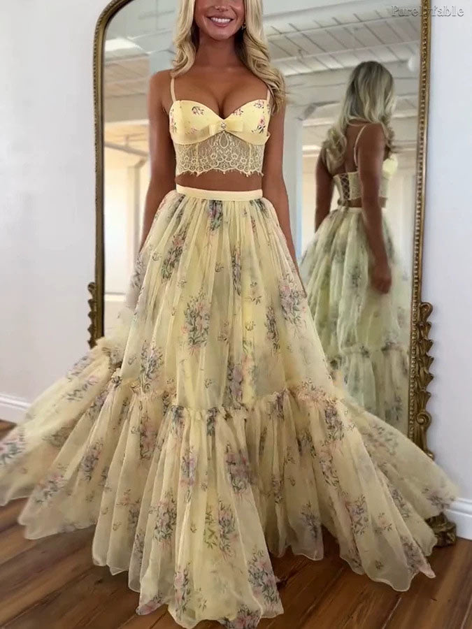 Aurora Apricot Chiffon Printed Half Skirt Two Piece Set