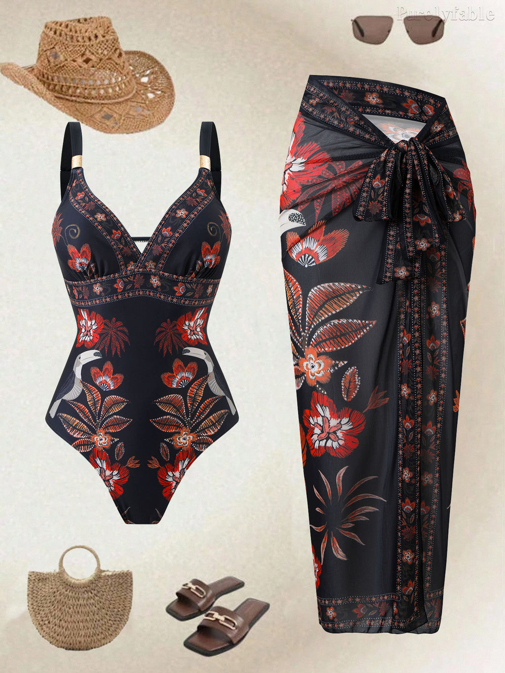 Catalina Black One-Piece Swimsuit Wrapped Skirt Set