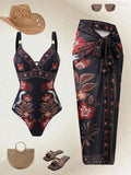 Catalina Black One-Piece Swimsuit Wrapped Skirt Set