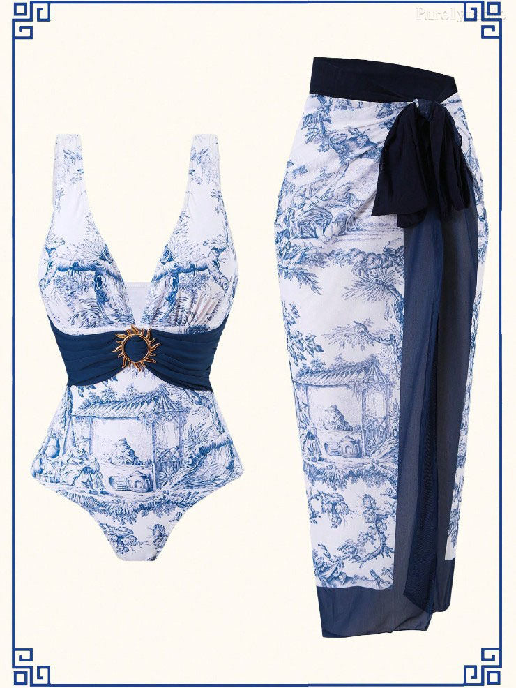 Camilla Blue Sexy Swimsuit Wrap Skirt Set
