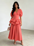 Camilla  Orange Ruffle V-Neck Puff Sleeve Dress