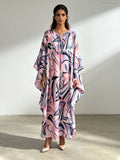 Rosalie Purple Loose-Knit Lace-Up Printed Long Dress