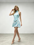 Aurora Light Blue Backless Strappy Printed Half-Dress Set