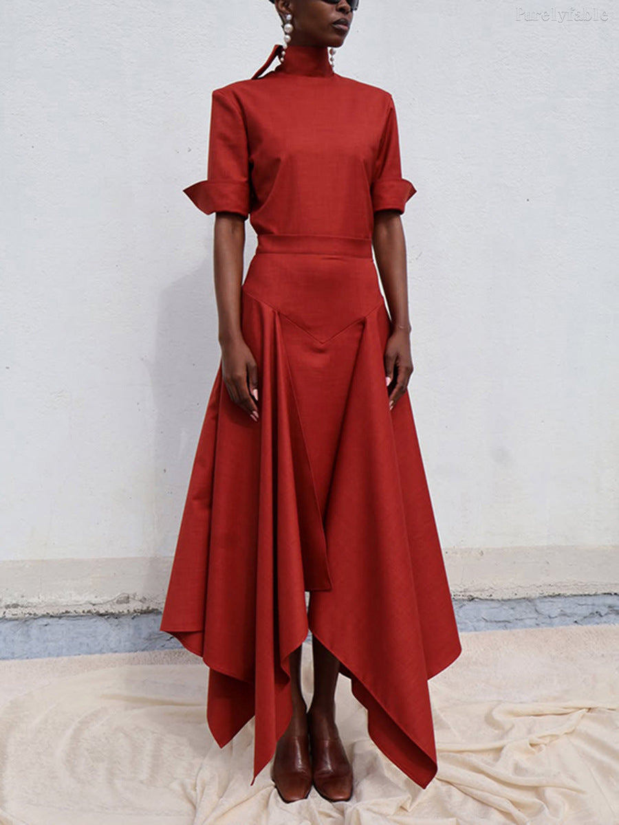 Iris Red Top And Irregular-Length Skirt Two-Piece Set