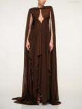 Sienna Coffee-Colored Cape-Style Shawl Dress