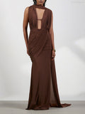 Phoebe Coffee-Colored Open Pleated Side Slit Long Dress