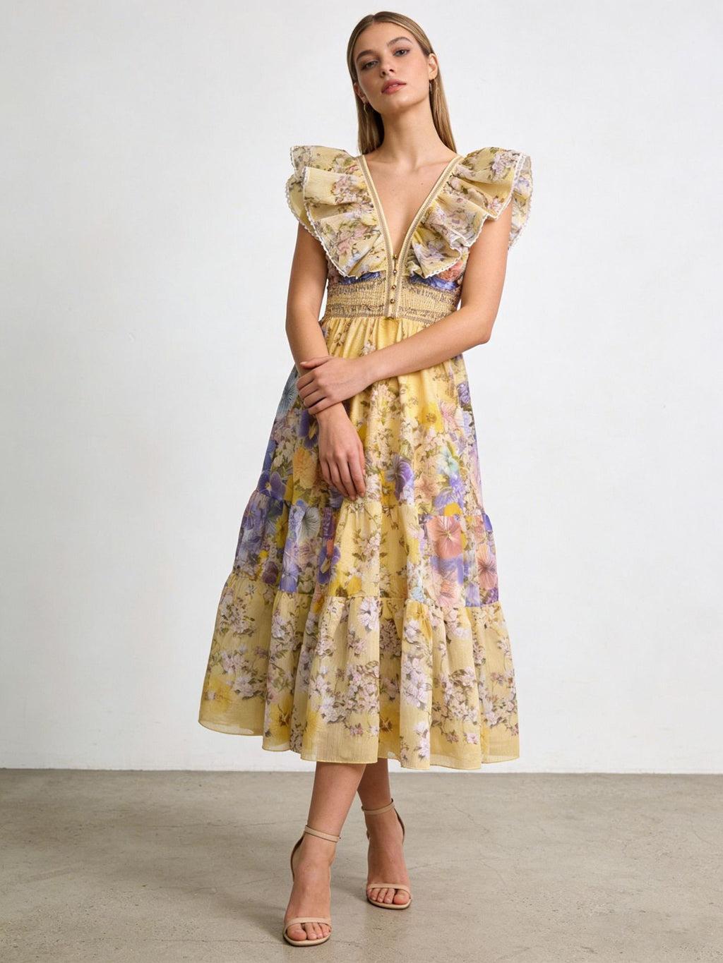 Bellatrix Yellow V-Neck Ruffled Midi Dress