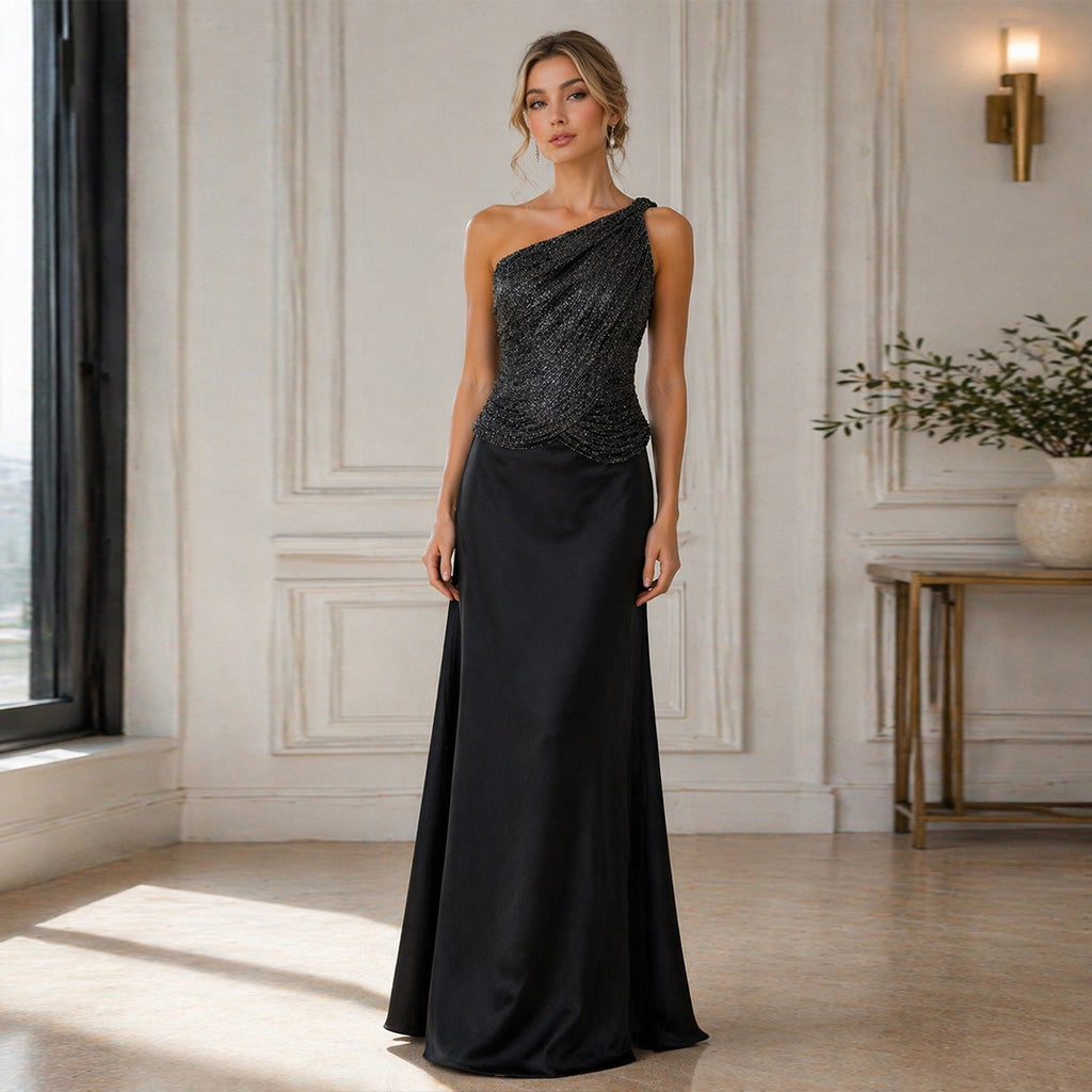 Carmen Black One-Shoulder Satin Dress Suit