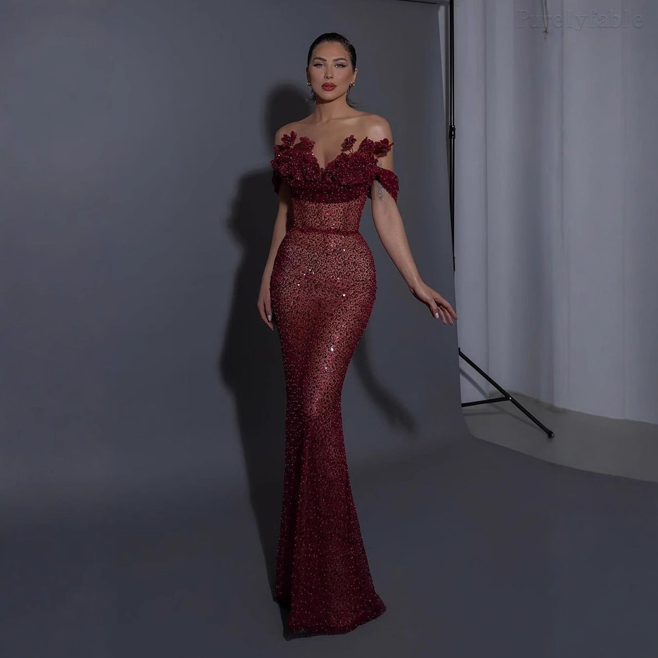 Olena Red Sequined High-Slit Dress