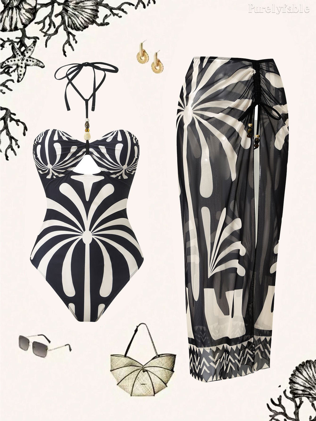Cecelia Black Swimsuit Wrapped Skirt Two-Piece Set