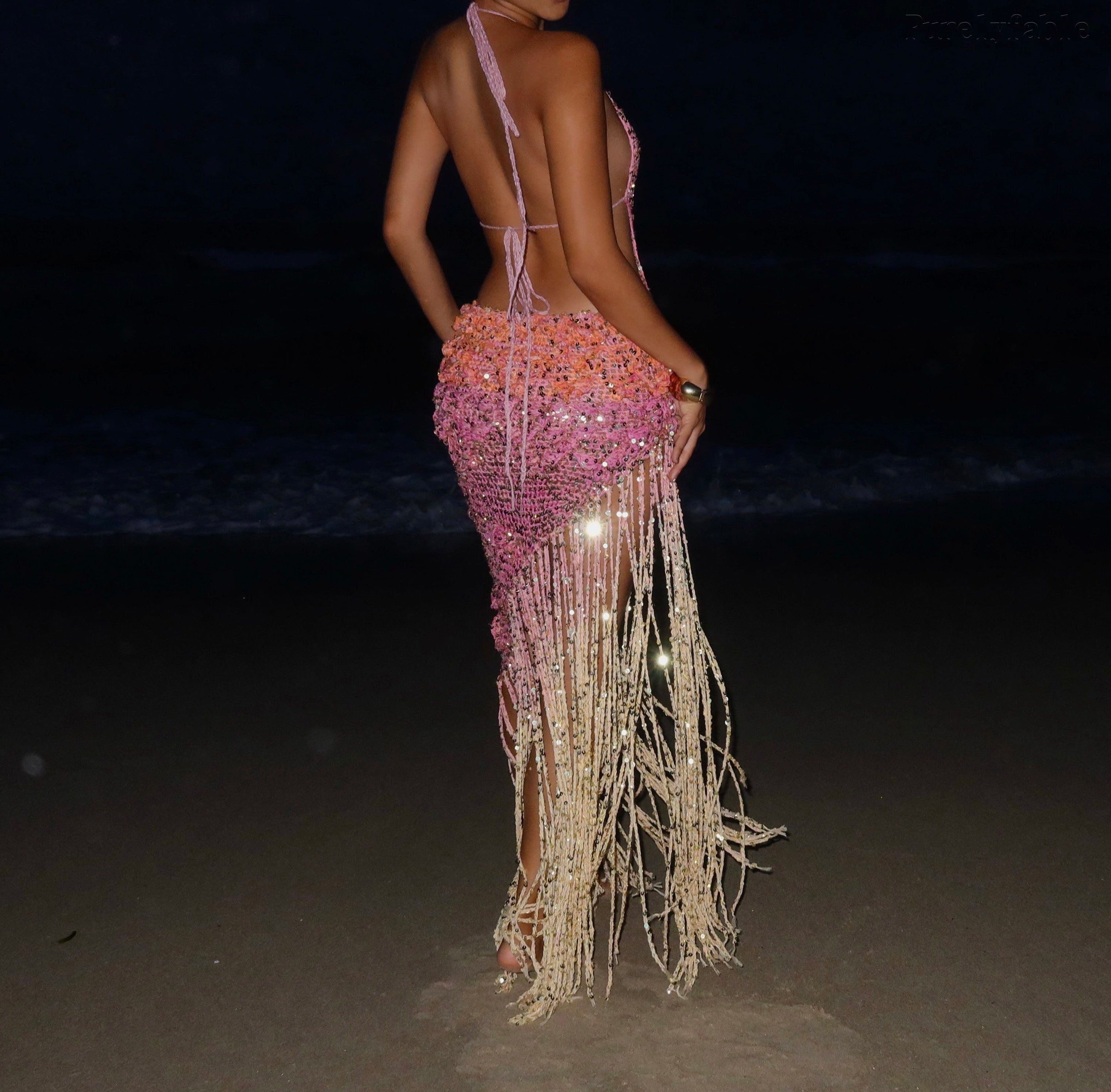 Halle Sequined Halter Dress with Tiered Fringe