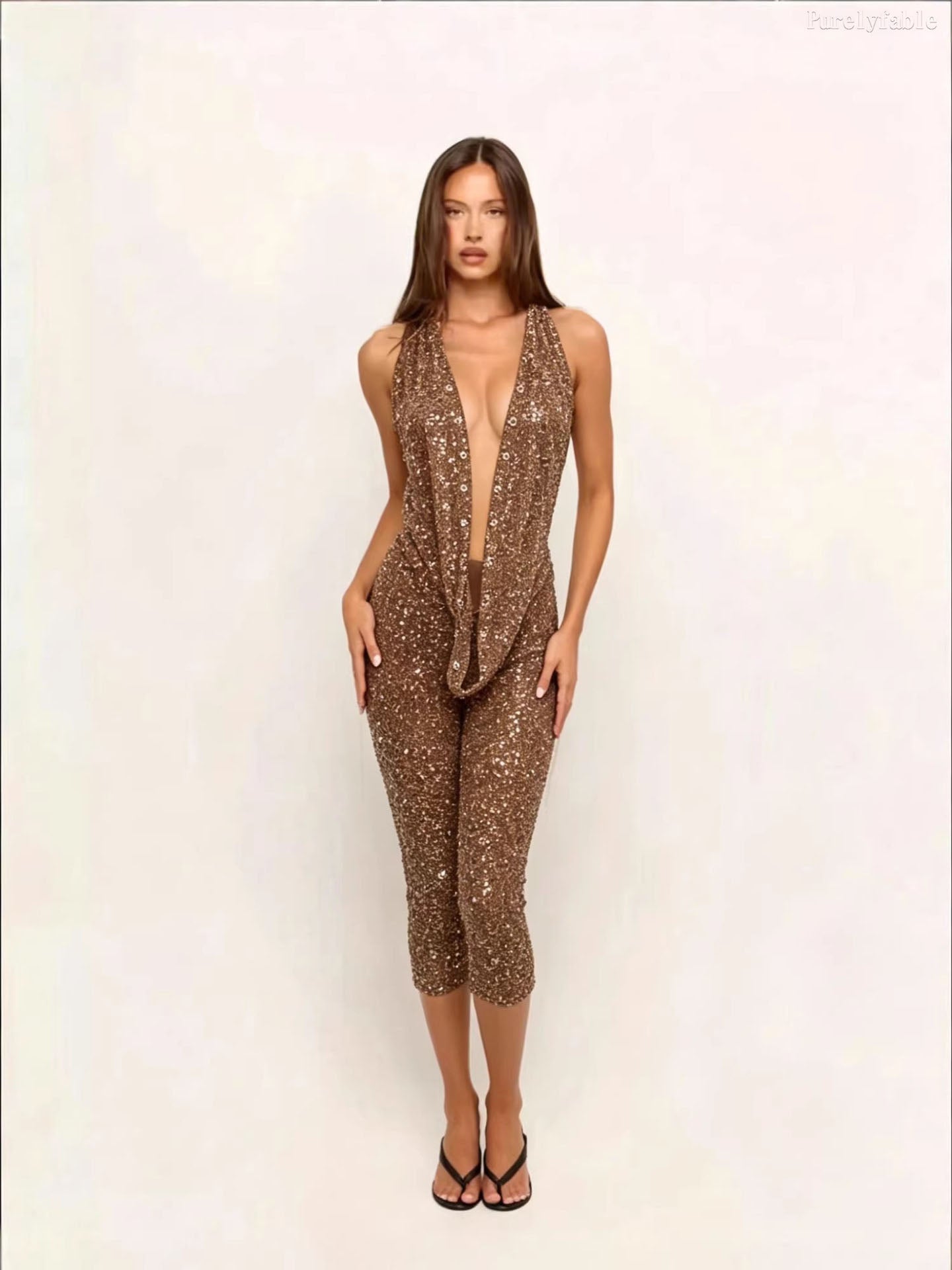 Amelie Brown Backless Top And Cropped Pants Set