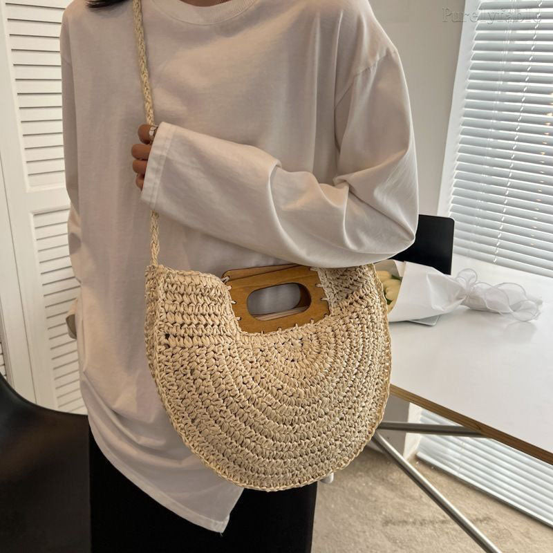 Beige Semi-Circular Straw Woven Bag