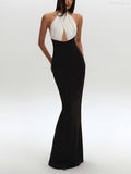 Valentina Black Collar-Fitted Halter-Style Long Dress