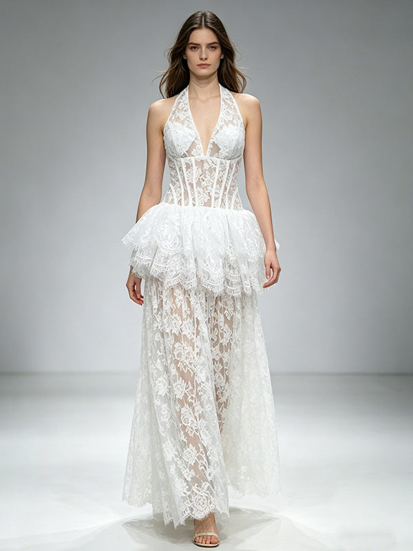 Melinda White V-Neck Lace-Paneled Dress