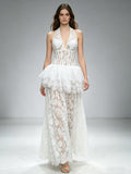 Melinda White V-Neck Lace-Paneled Dress