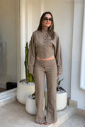 Zella Greyish-brown High-necked Buttoned Wide-leg Pants Set