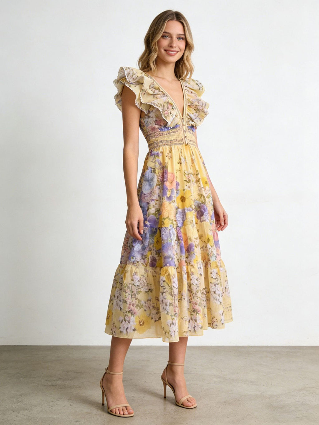 Bellatrix Yellow V-Neck Ruffled Midi Dress