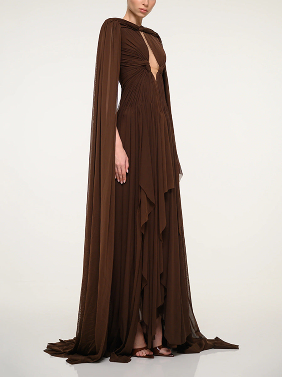 Helena Brown Draped Cape Dress