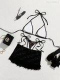 Black Lace Three-Piece Bikini Set