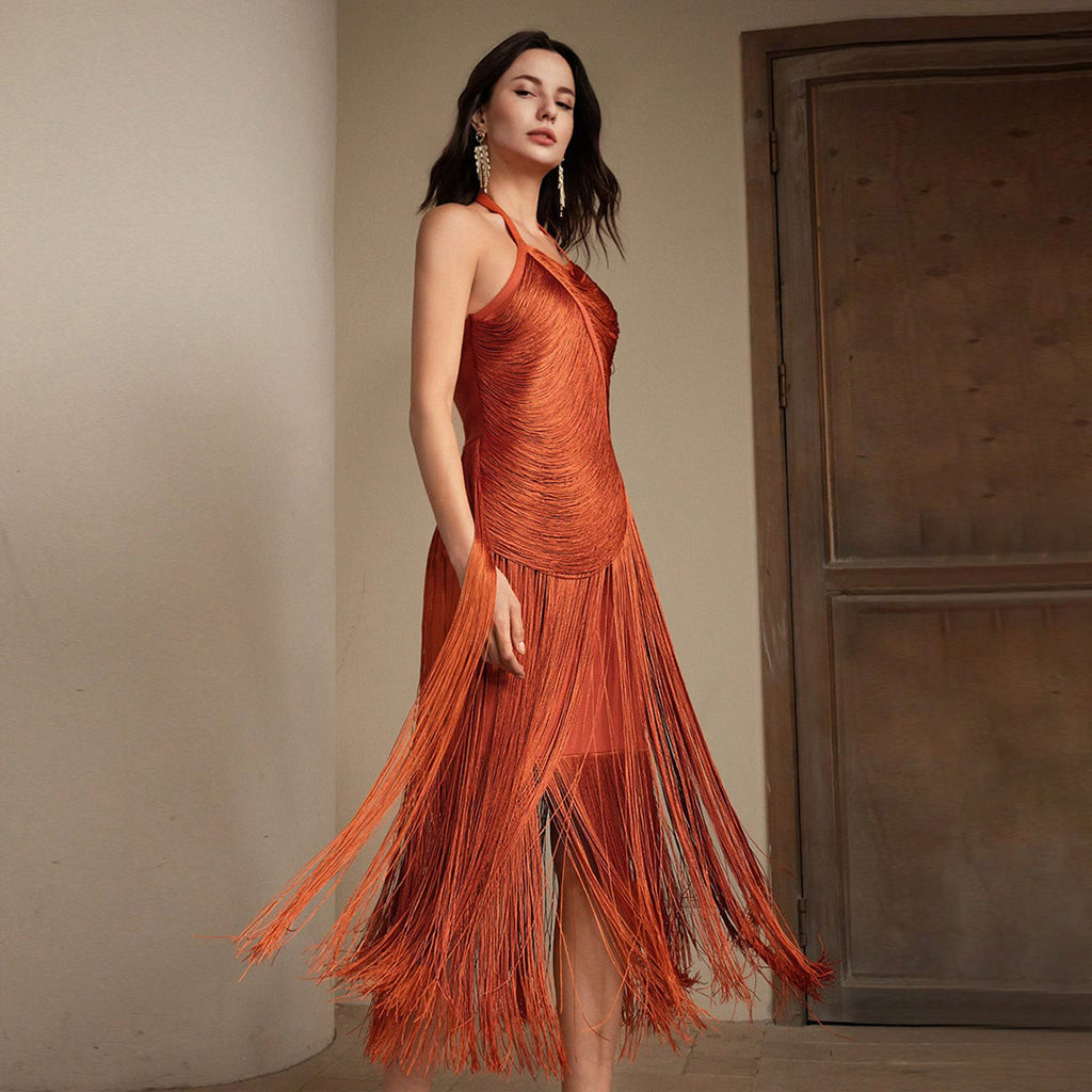 Calla Orange Halter-Neck Tassel Skirt