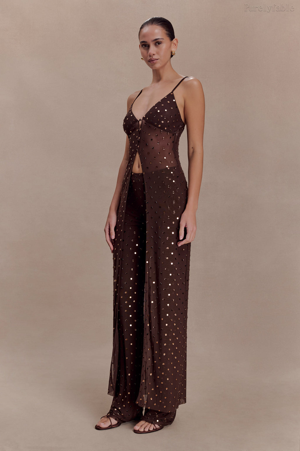 Saskia Brown Mesh Perspective Split Top Pants Set