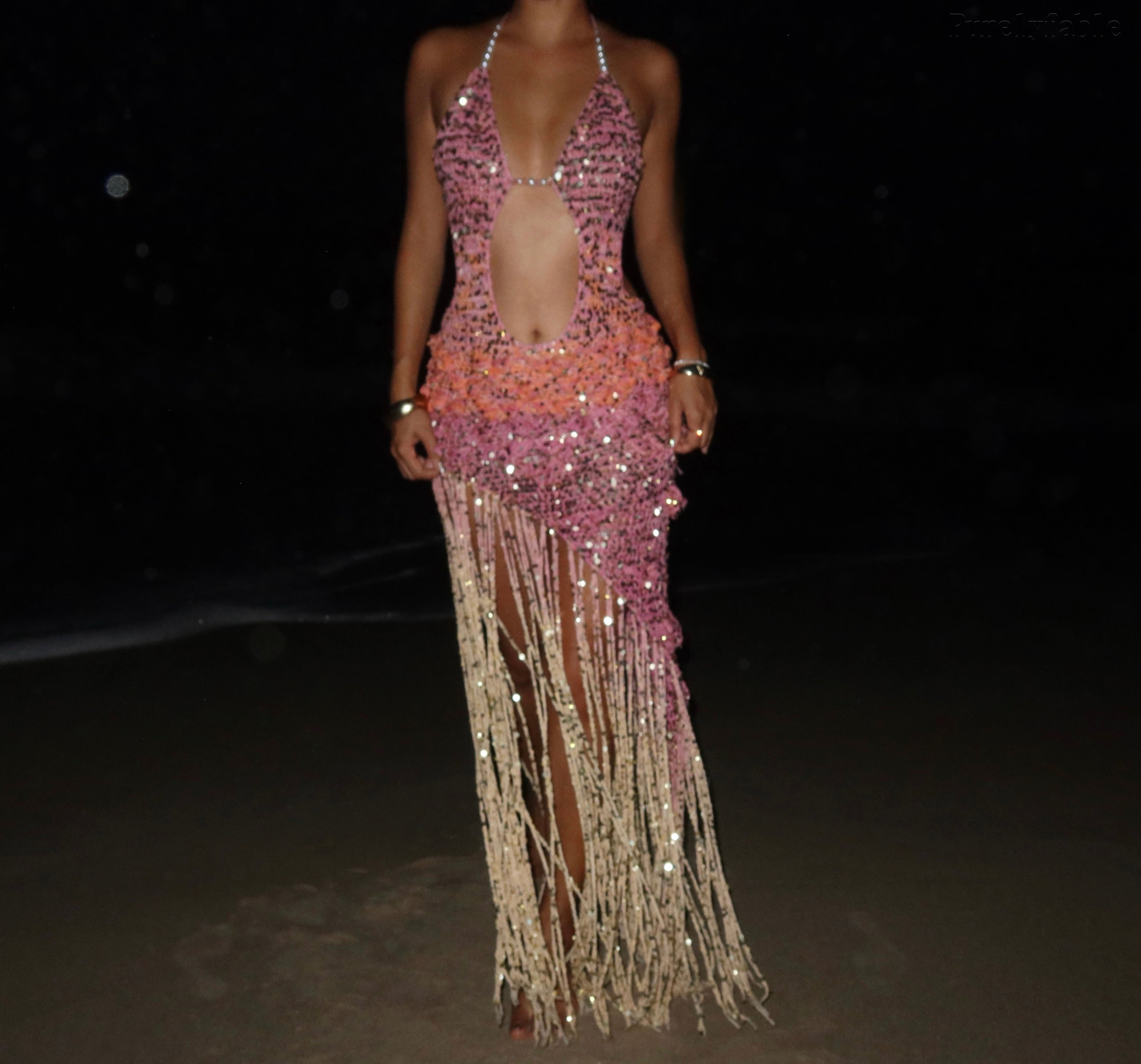 Halle Sequined Halter Dress with Tiered Fringe