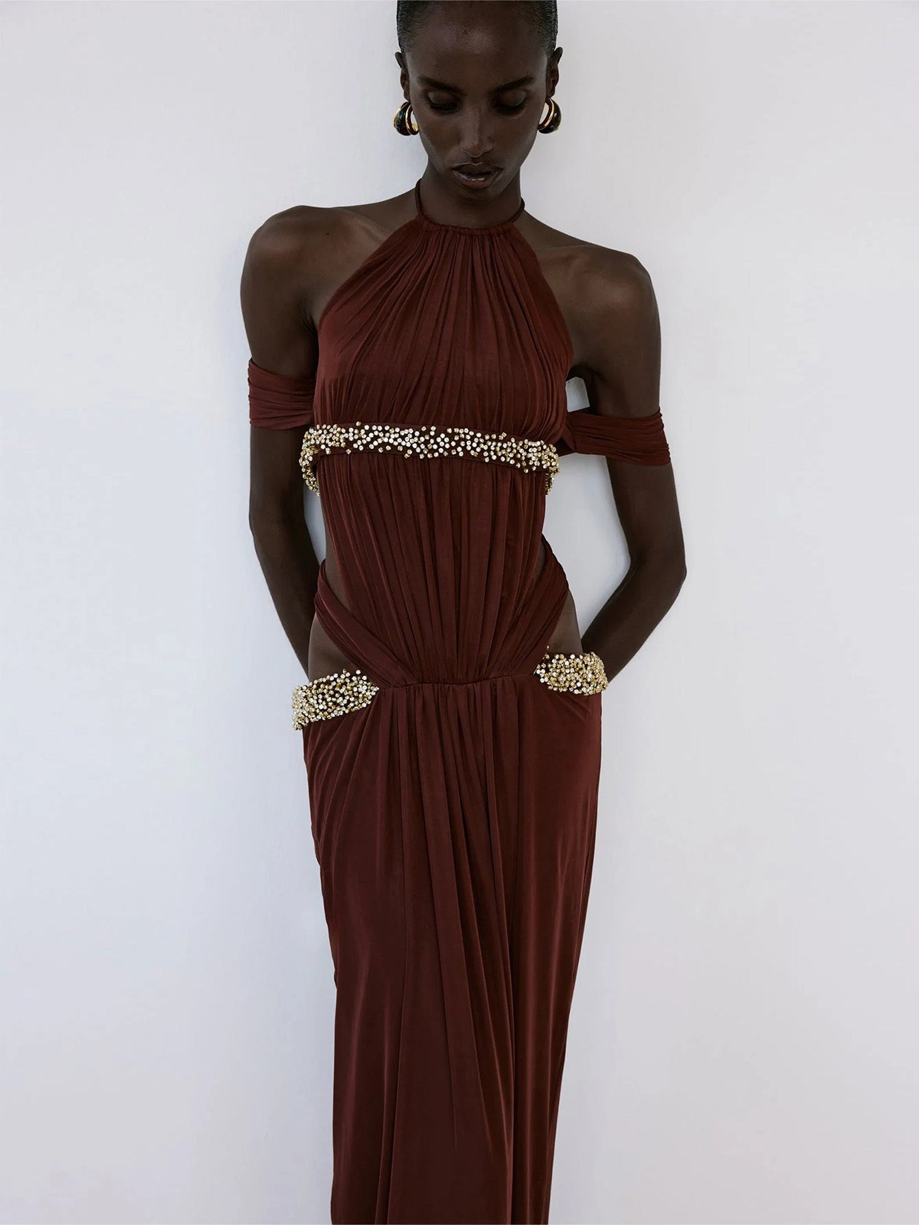 Evanna Deep Red Pleated Flowing Dress