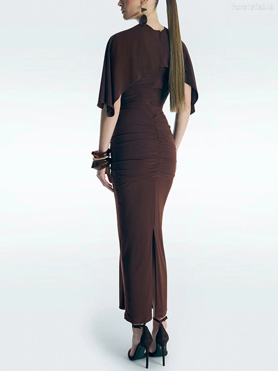 Lila Coffee-Colored Metal-Buttoned Belted Shawl Dress