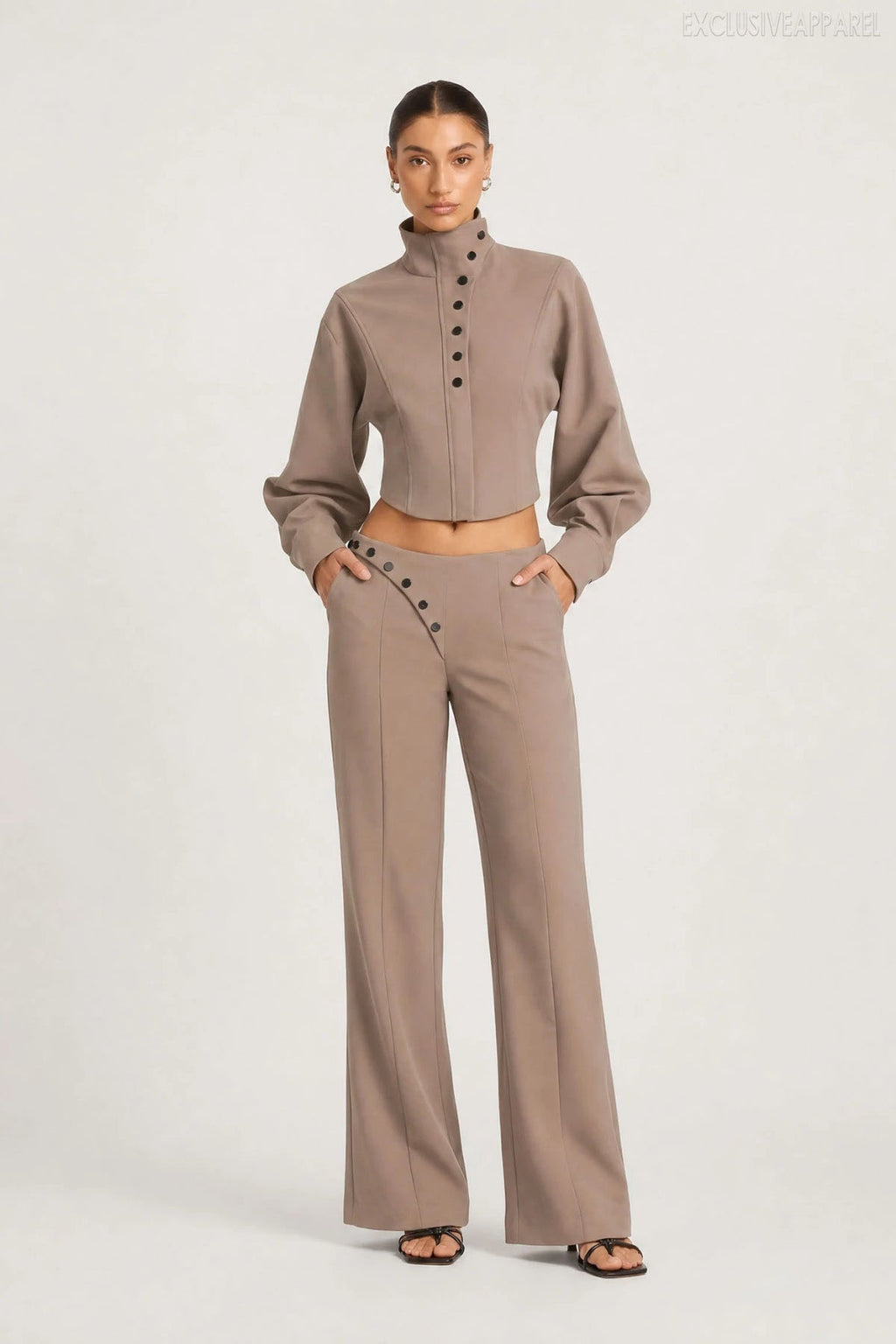 Zella Greyish-brown High-necked Buttoned Wide-leg Pants Set