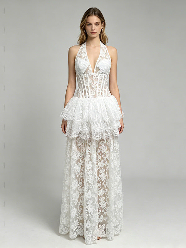 Melinda White V-Neck Lace-Paneled Dress