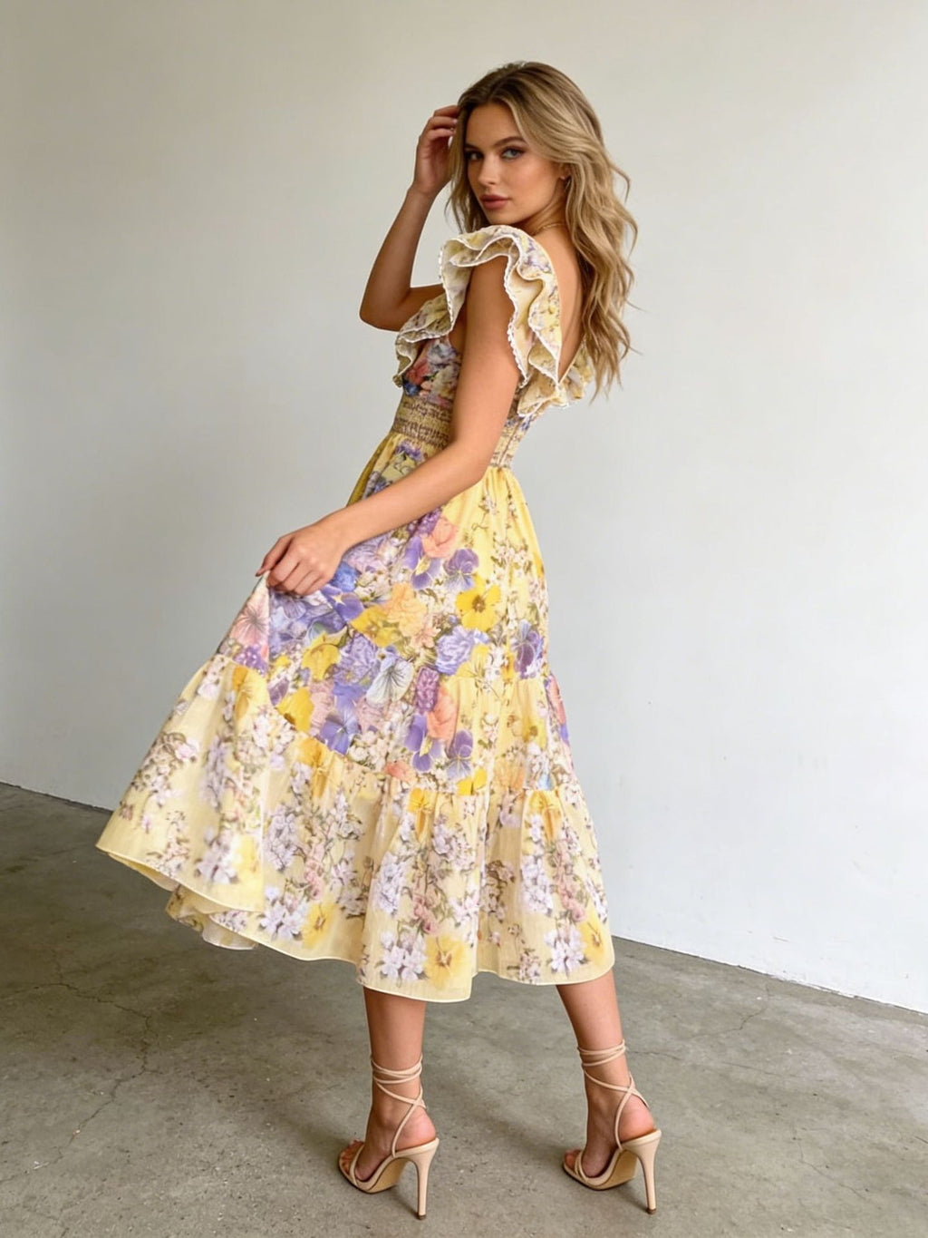 Bellatrix Yellow V-Neck Ruffled Midi Dress
