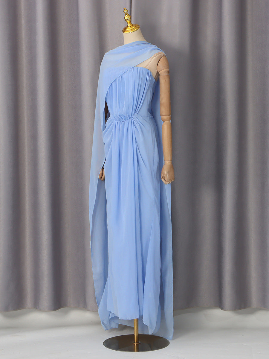 Giselle Blue Asymmetrical Draped Maxi Dress