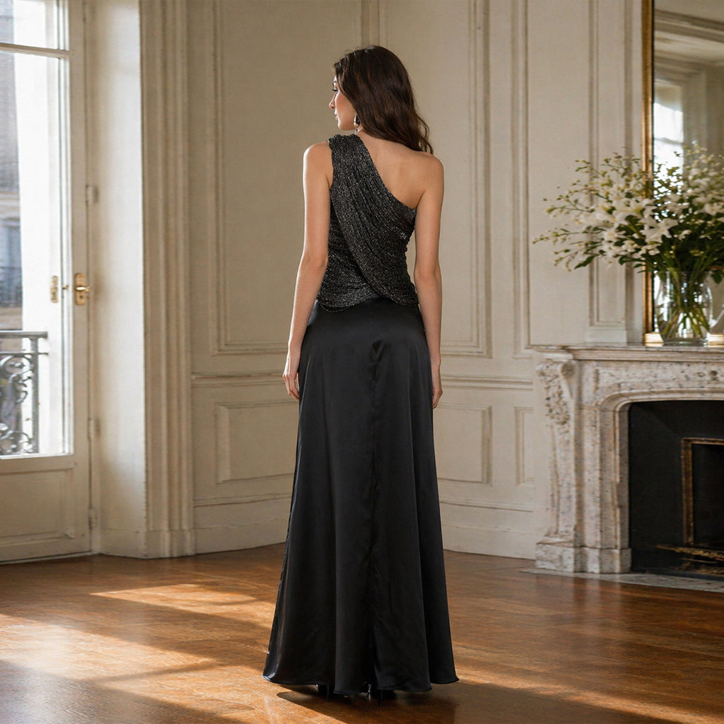 Carmen Black One-Shoulder Satin Dress Suit