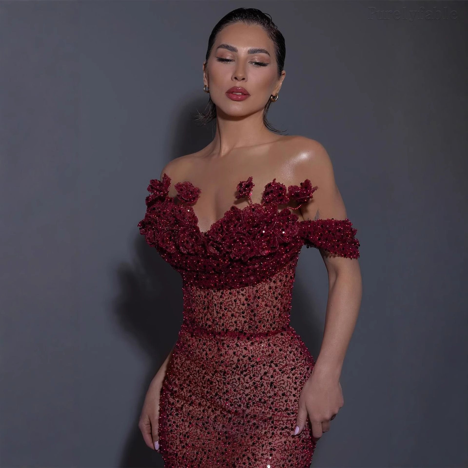 Olena Red Sequined High-Slit Dress