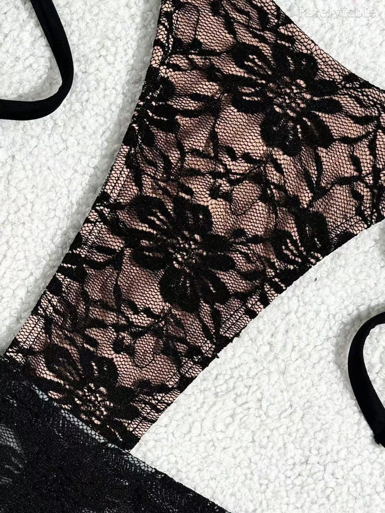 Black Lace Three-Piece Bikini Set
