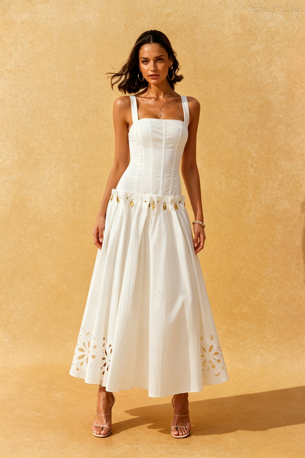 Helena White Square Neck Waist Hollow Flower Dress