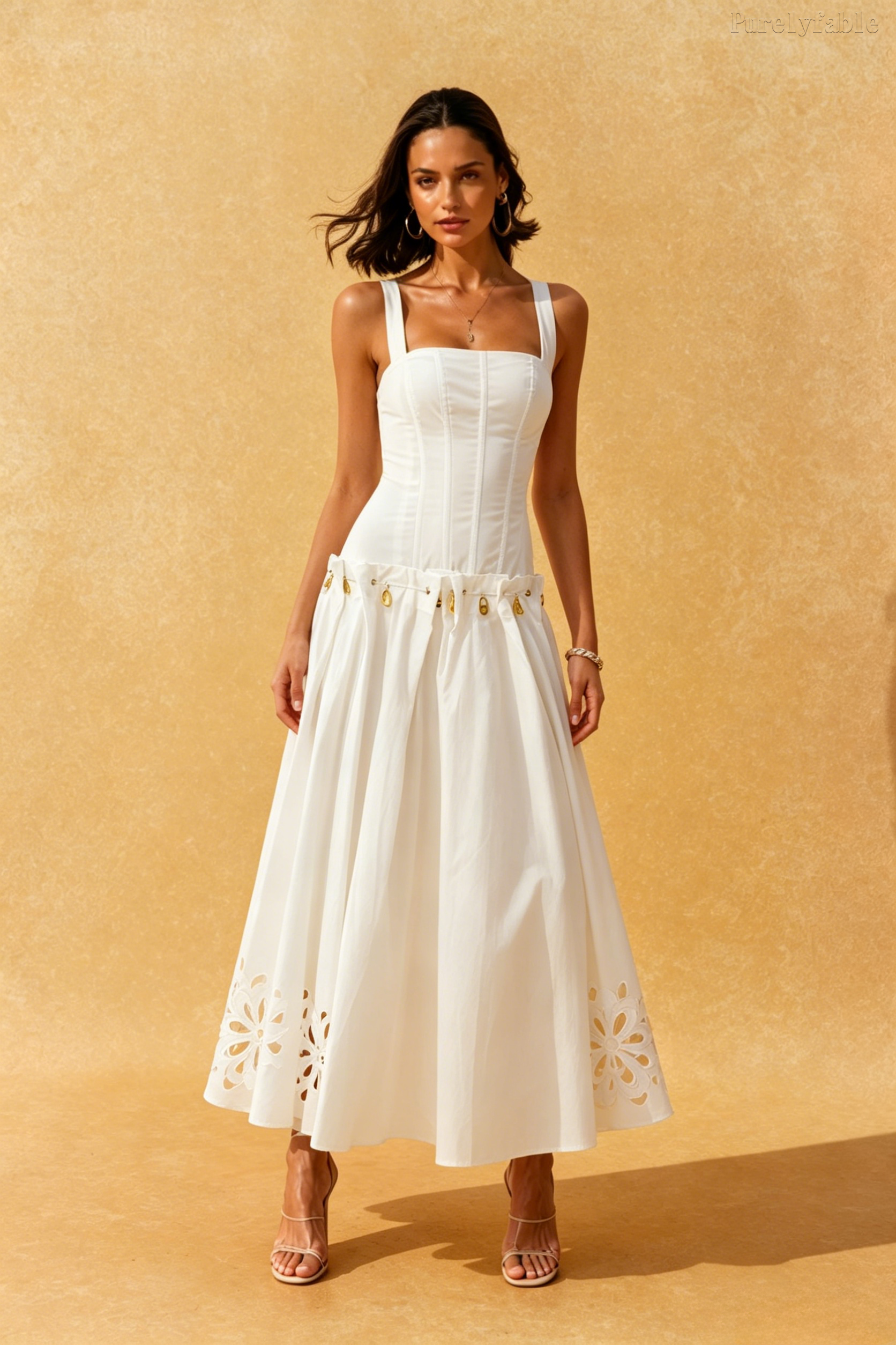 Helena White Square Neck Waist Hollow Flower Dress
