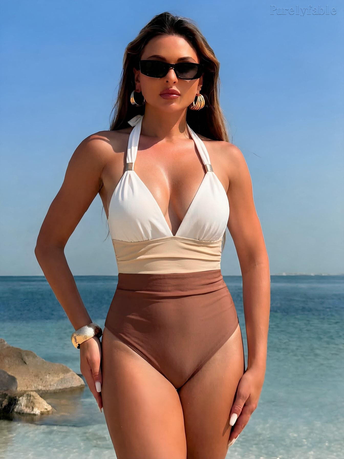 Eliana Brown Mesh Swimsuit With Wrapped Skirt Two-Piece Set