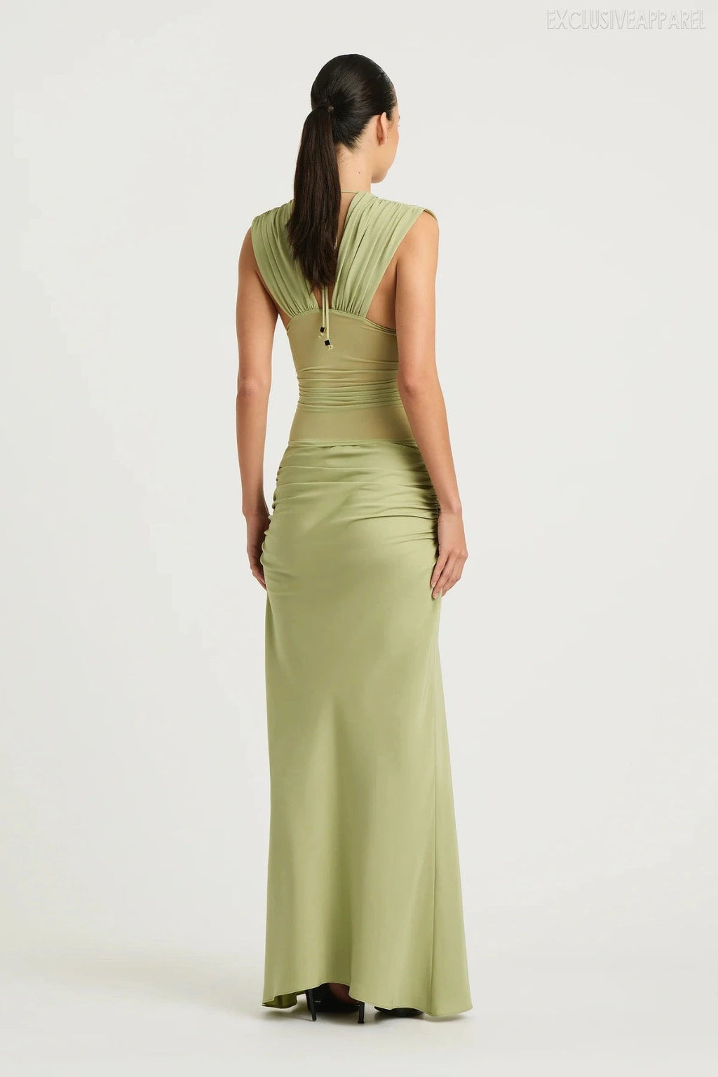 Zoya Green Sleeveless Deep V Pleated Skirt Set