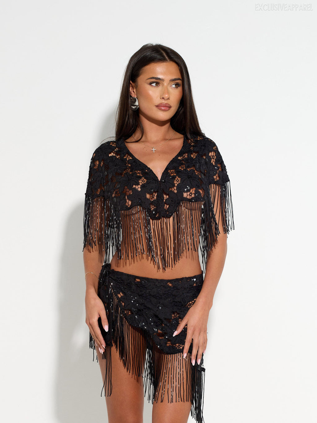 Xanthe Black Tassel Encrusted Mini Half-Dress Set