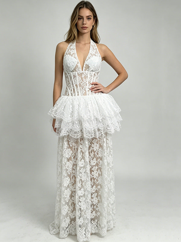Melinda White V-Neck Lace-Paneled Dress