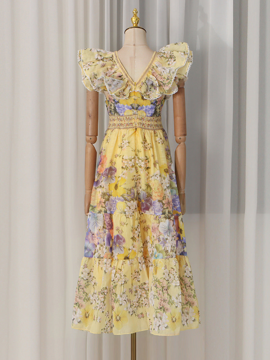 Bellatrix Yellow V-Neck Ruffled Midi Dress